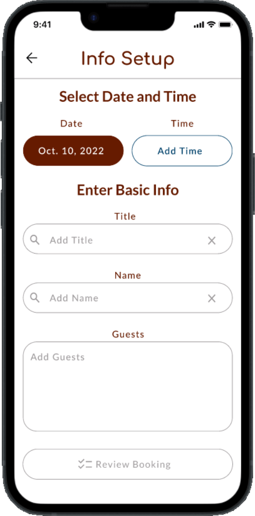 High Fidelity Mockup Design showing screen to enter booking details.