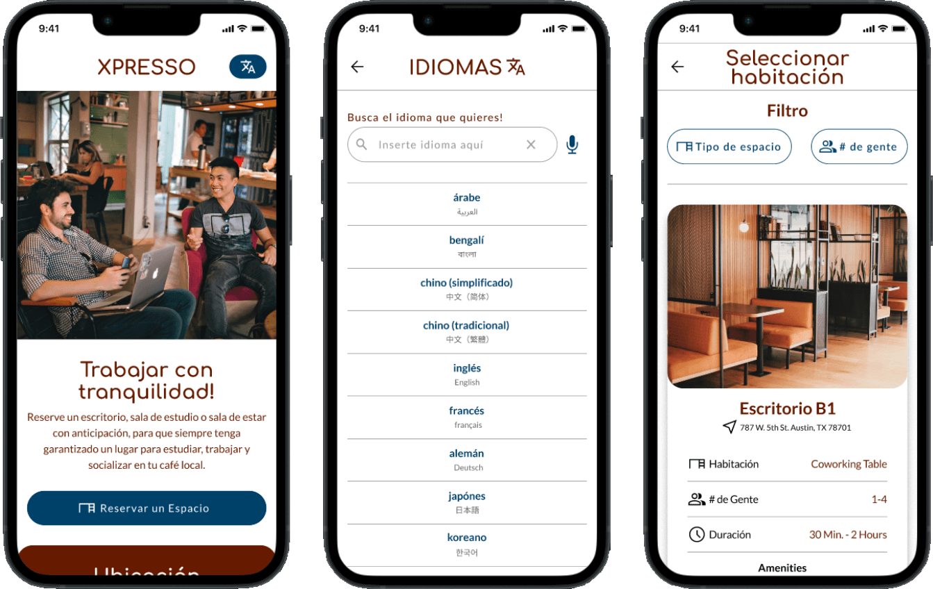 Mobile app mockup designs in Spanish.