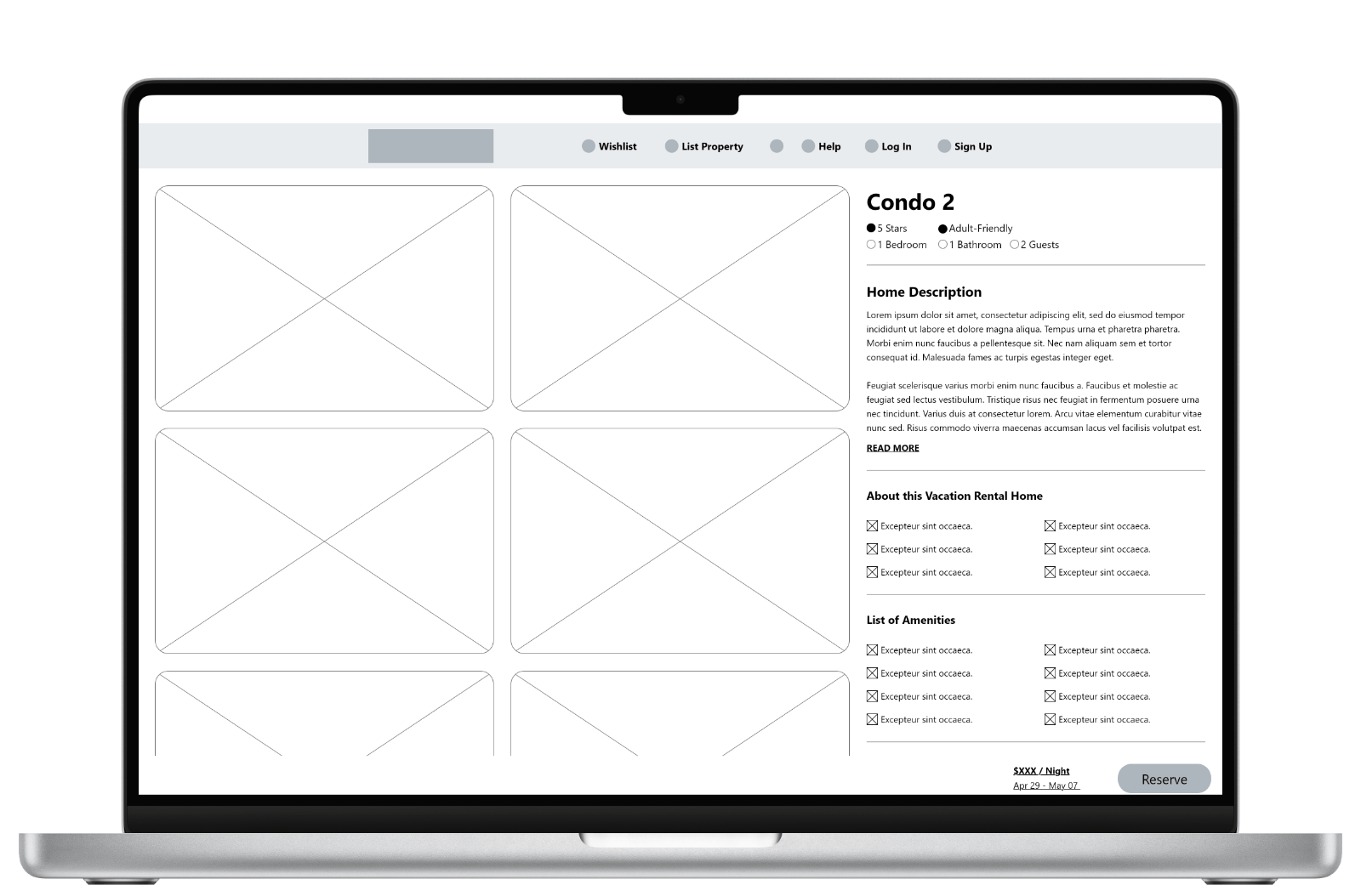 Desktop displaying a digital wireframe showing filter options.