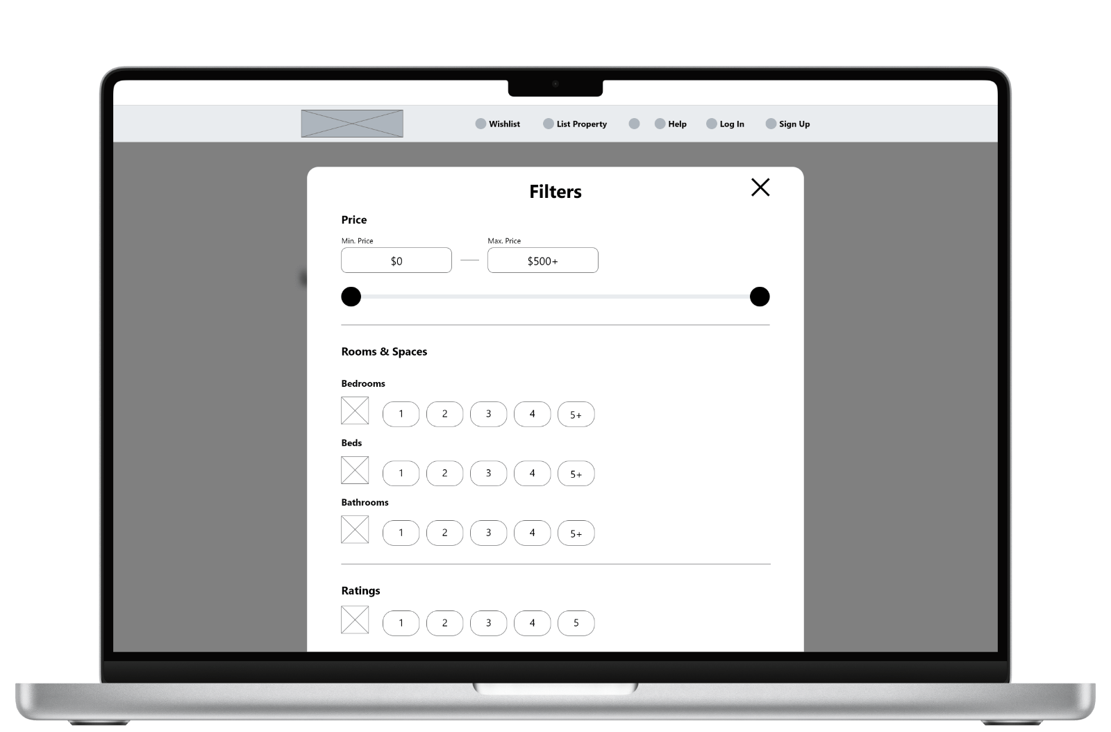 Desktop displaying a digital wireframe showing filter options.