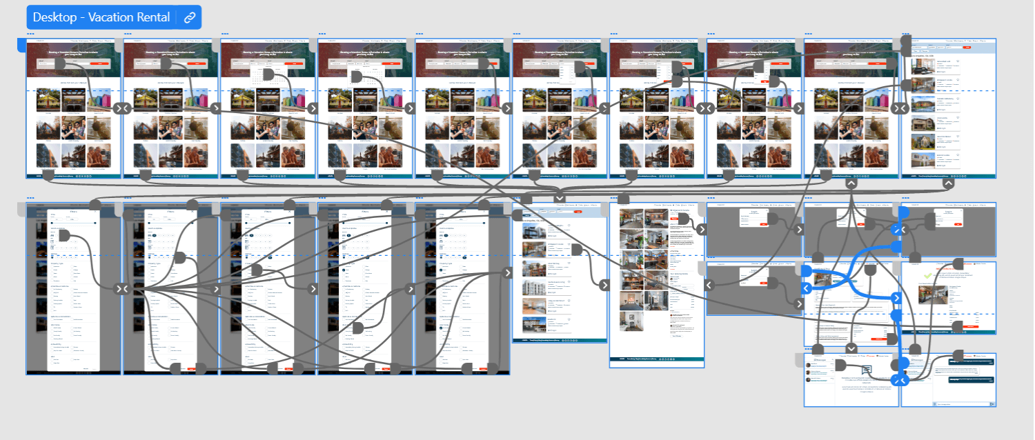 Multiple screens showing the user flow for booking a vacation rental home.