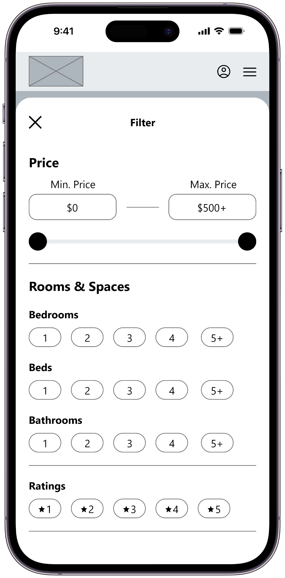 Digital wireframe of booking app.