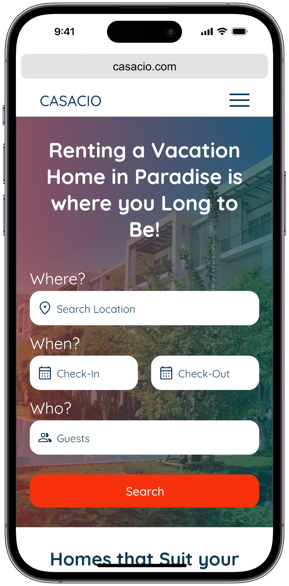 iPhone showing vacation rental home website on screen.