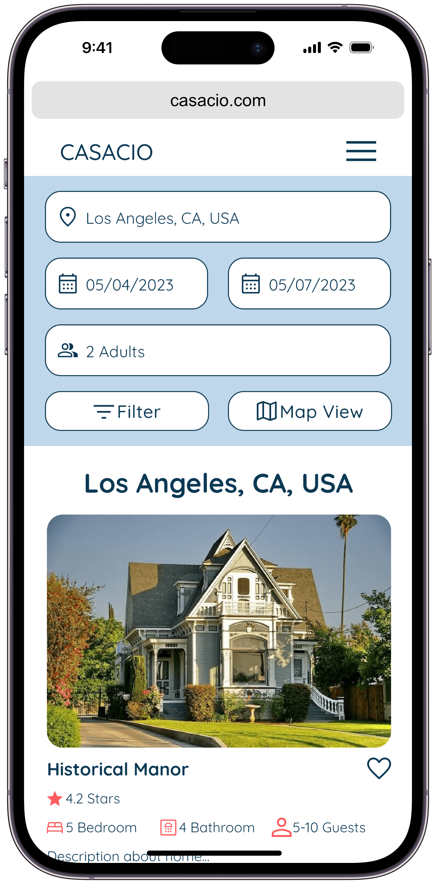 iPhone showing vacation home rental website search results.